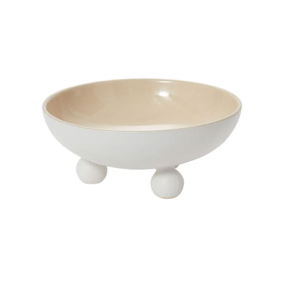 The Farley Bowl is a round, shallow matte white bowl with a beige interior and three ball feet—an eye-catching modern centerpiece for your space.