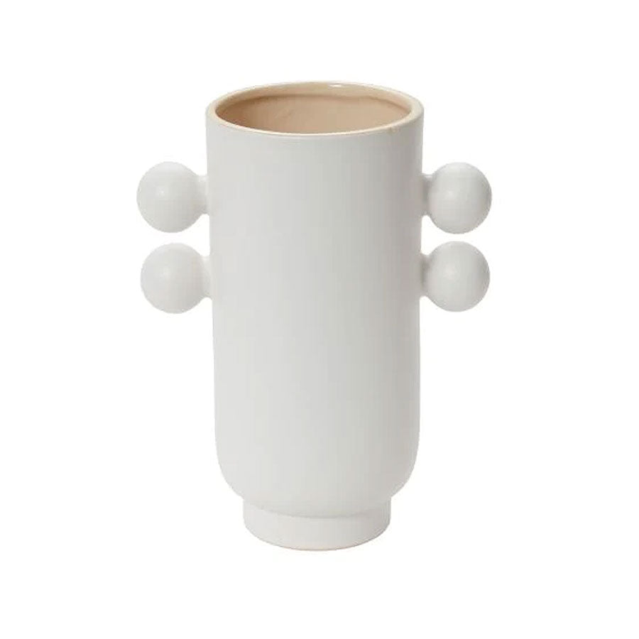 The Farley Vase is a modern matte white cylindrical vase with two pairs of round knobs on opposite sides, a light beige interior, and is shown on a plain white background.