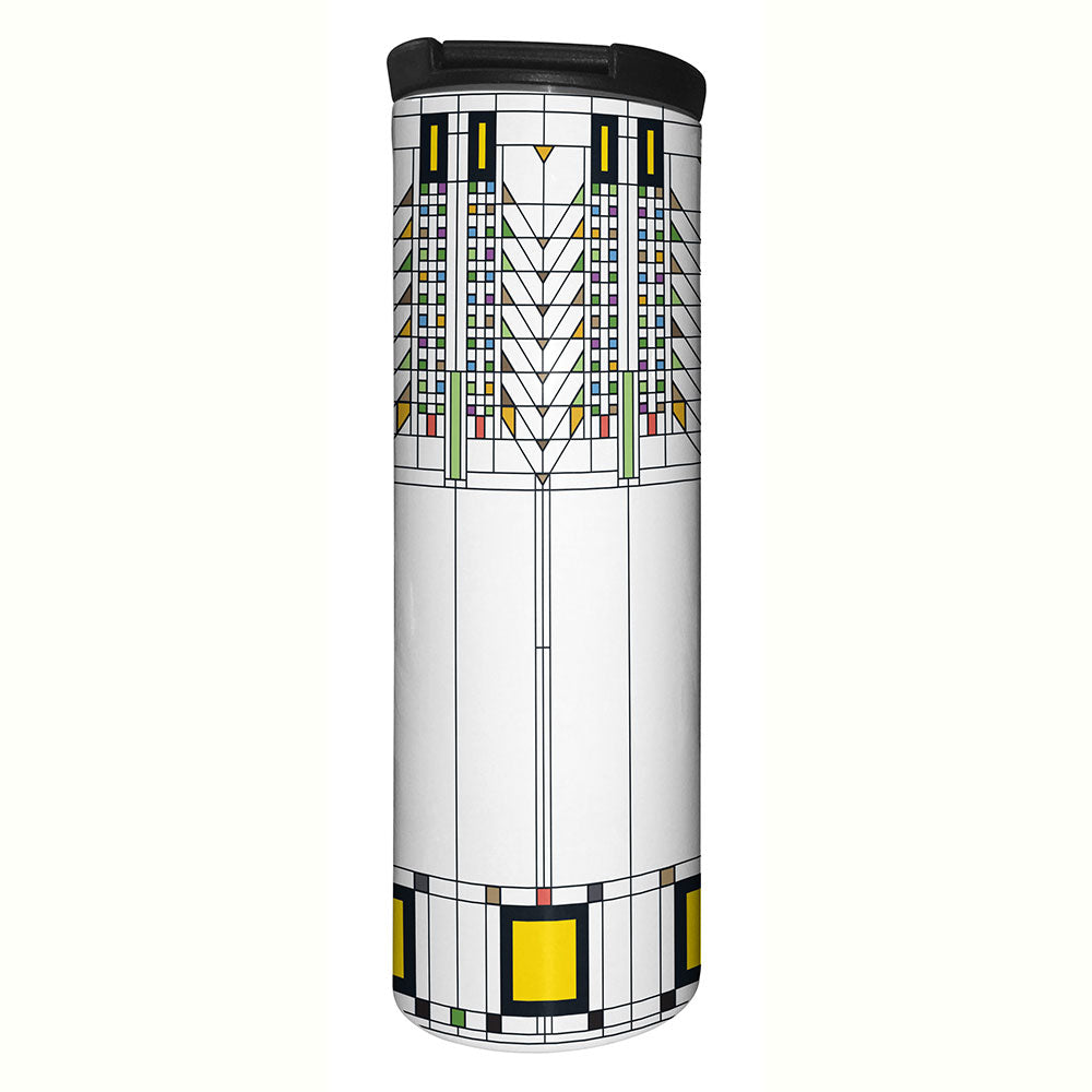 The Frank Lloyd Wright Tree of Life 17oz Travel Mug is a tall, white stainless steel mug decorated with a geometric stained-glass-inspired design featuring black, yellow, red, and green symmetrical lines and shapes.