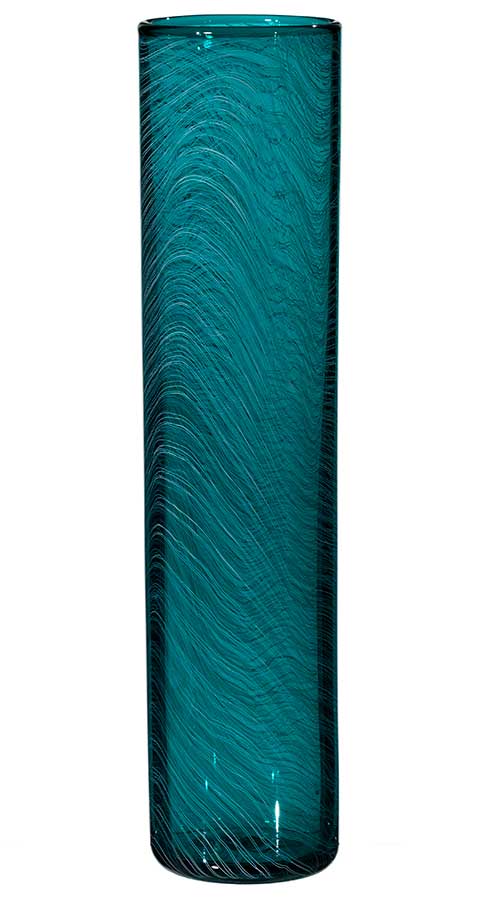 The Matassa Tall Cylinder Vase in teal features a contemporary design with a cylindrical shape and subtle wavy textured vertical lines on glass.