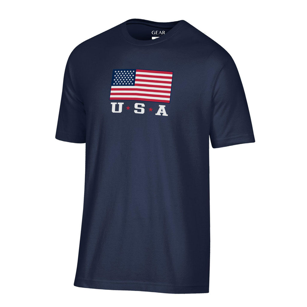 The U.S.A. Flag T-Shirt is a navy blue unisex classic fit made from soft cotton sueded jersey, featuring a graphic of the American flag above bold USA text with two small red stars on each side.