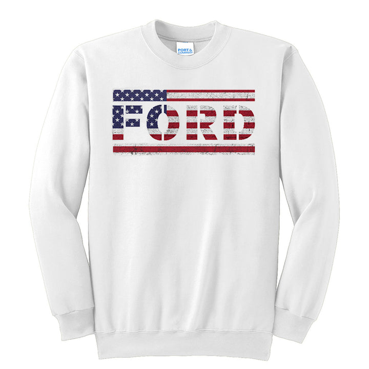 Celebrate patriotism in style with the American Flag Ford Sweatshirt, featuring bold FORD lettering filled with a distressed stars and stripes design.