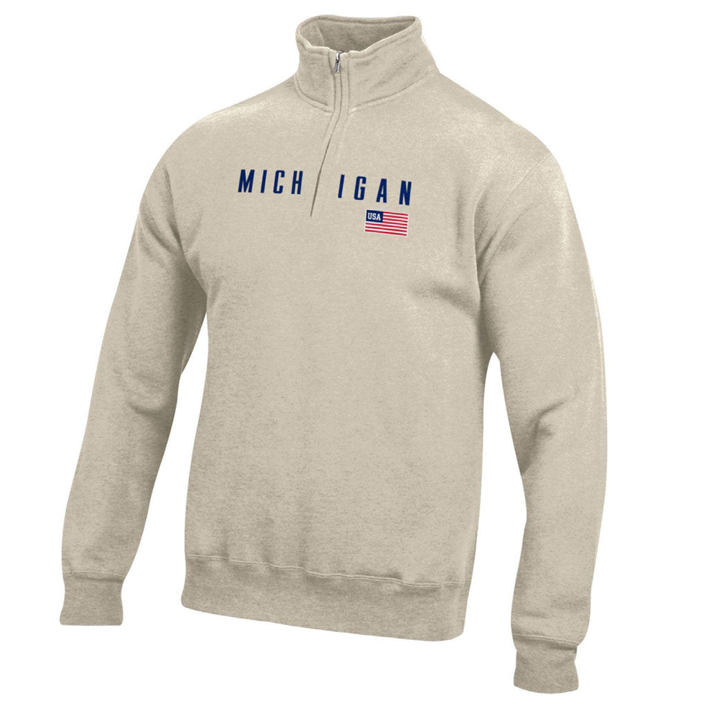 The Michigan U.S.A. Flag Sweatshirt is a unisex, beige quarter-zip with navy "MICHIGAN" lettering and a small American flag graphic. Made from soft cotton-blend fabric, it features a stand-up collar, ribbed cuffs, and hem for timeless style.