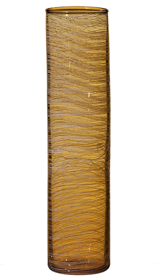 The Matassa Tall Cylinder Vase in amber features a modern, cylindrical design with textured wavy horizontal lines around its glass surface.