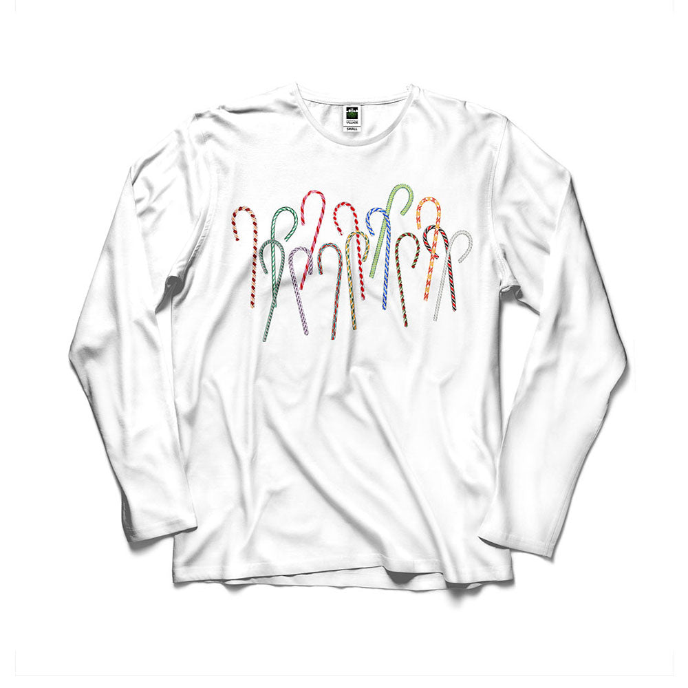 The Henry Ford® Greenfield Village Candy Cane Pajama Shirt in white features nine colorful candy canes with unique patterns arranged in a row across the chest.