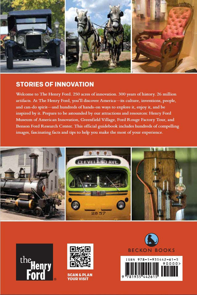 The Henry Ford Official Guidebook showcases vintage cars, a horse-drawn carriage, steam locomotive, yellow Cleveland Ave bus, and kids on a fire truck—inviting visitors to explore The Henry Ford Museum and Greenfield Village.