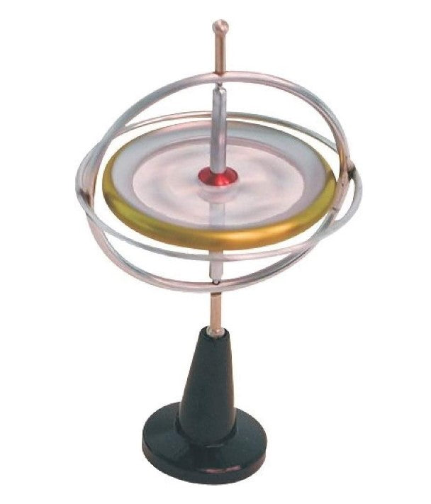The Toy Gyroscope features a gold and silver spinning wheel on a black stand with metal rings, creating an engaging educational toy that demonstrates balance and angular momentum principles.