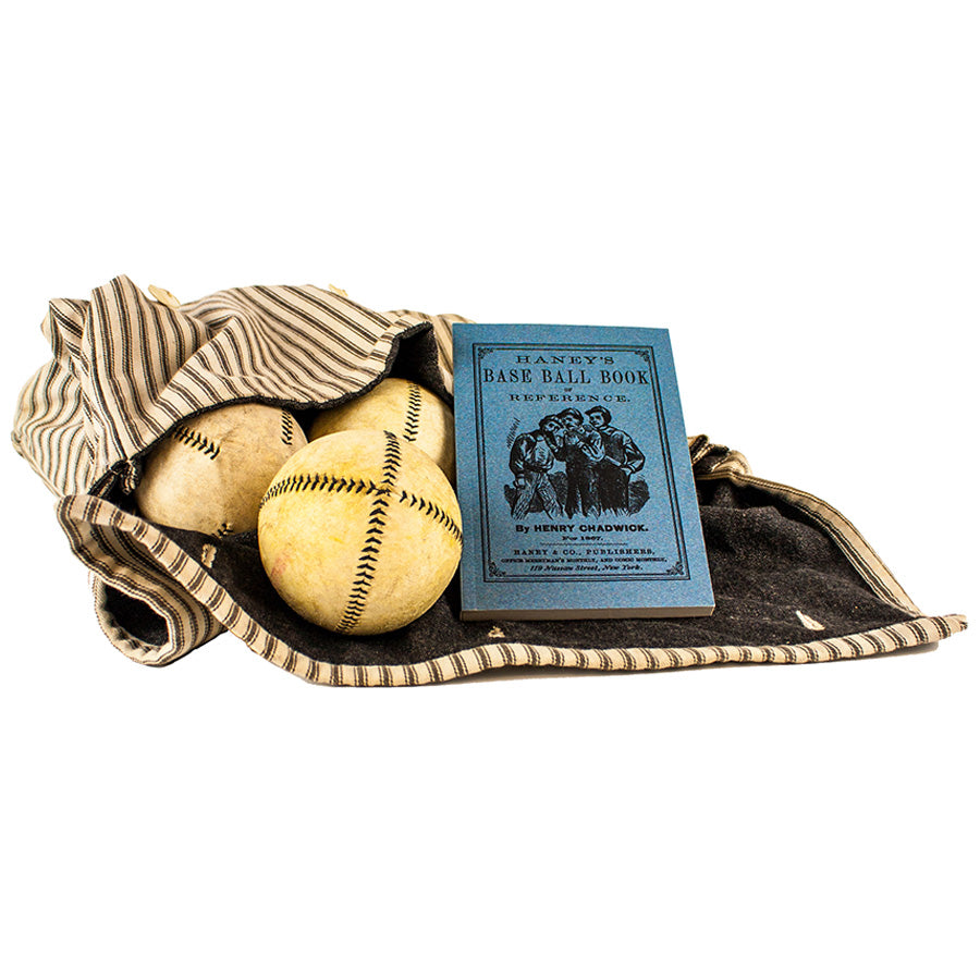Two vintage baseballs and Haney’s Base Ball Book of Reference, with a historic photo on the cover, rest on a striped cloth.