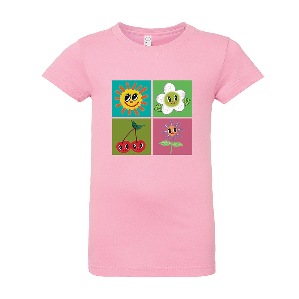 The Greenfield Village Happy Nature Youth T-Shirt is a pink shirt for kids featuring four colorful cartoon designs by Humberto Cruz: a smiling sun, cheerful flower, happy cherries, and a pink butterfly in vibrant squares.