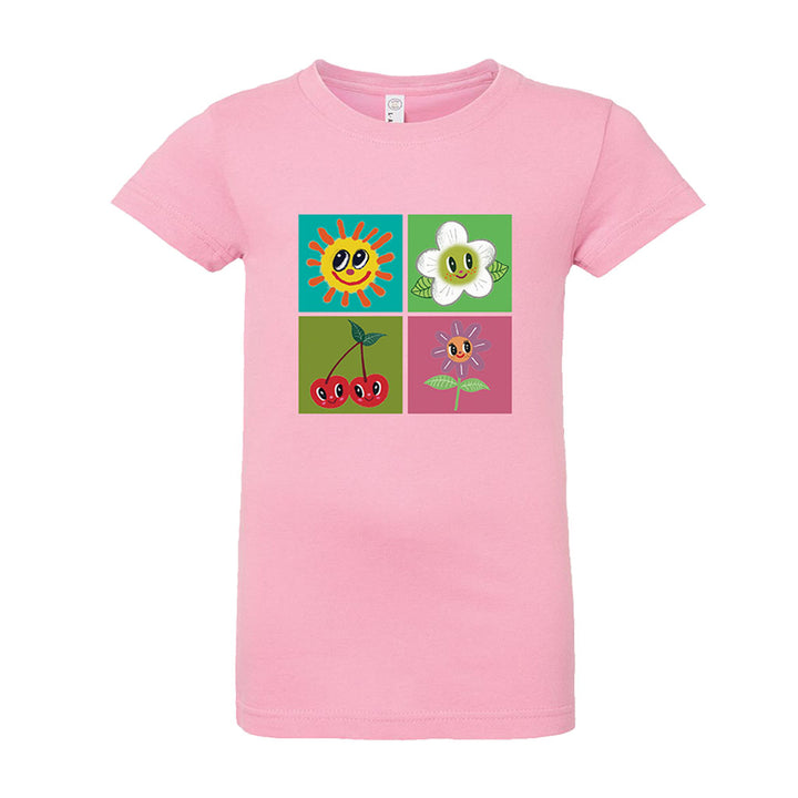 The Greenfield Village Happy Nature Youth T-Shirt is a pink shirt for kids featuring four colorful cartoon designs by Humberto Cruz: a smiling sun, cheerful flower, happy cherries, and a pink butterfly in vibrant squares.
