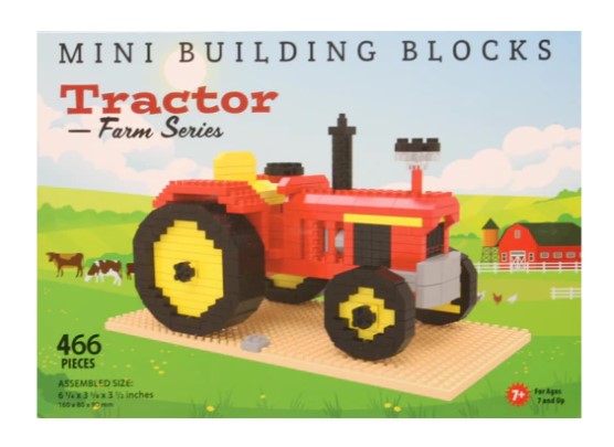 Box for the Mini Building Block - Tractor set, featuring a red tractor model with green fields and a barn backdrop. Includes 466 pieces, assembly instructions, and is suitable for ages 7 and up.