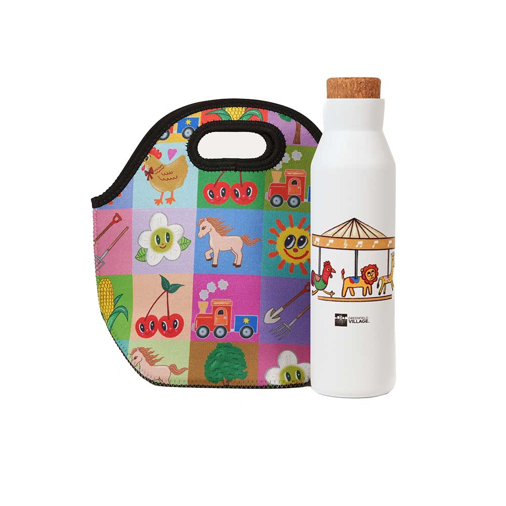 The Greenfield Village Icons Lunch Tote features a colorful, cartoon-style pattern inspired by Humberto Cruz's artwork, displayed alongside a white water bottle with animal carousel art and a cork lid.