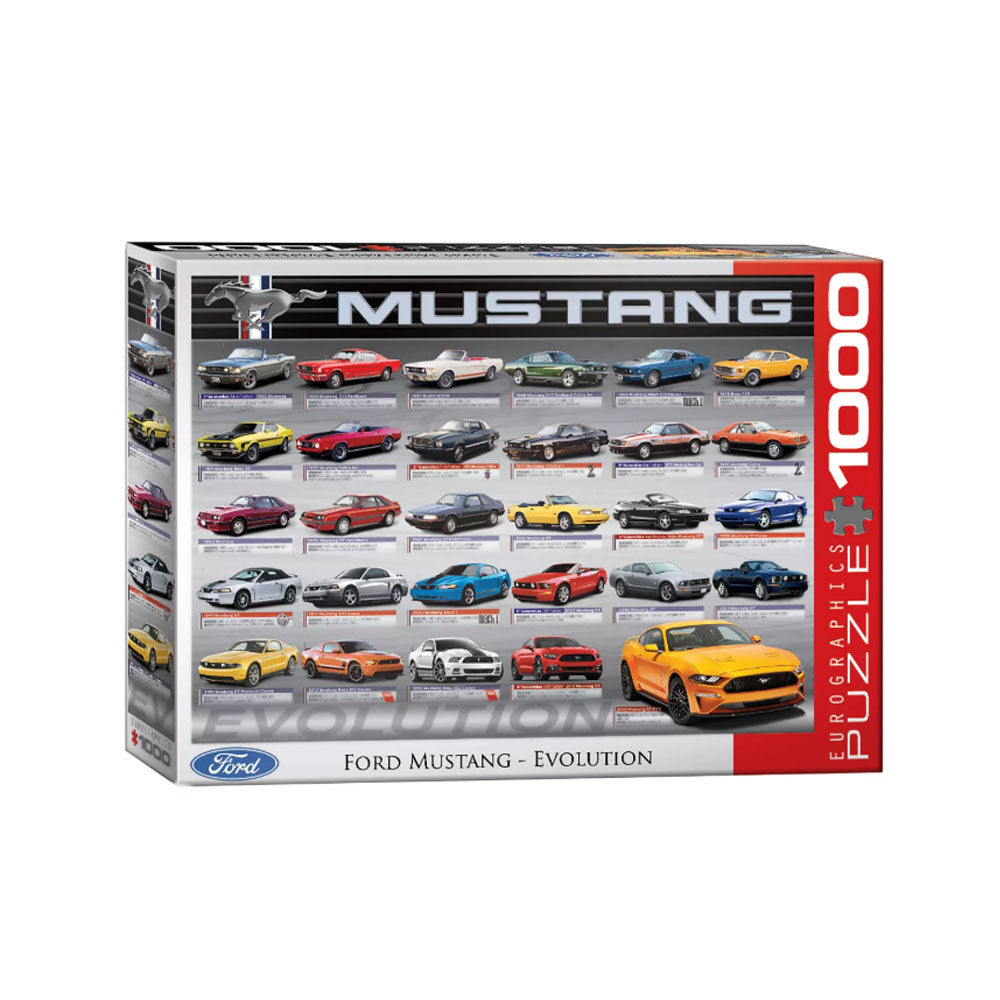 The Eurographics 1000 piece Ford F-Series Puzzle showcases 36 F-Series models in vibrant colors, arranged to display their evolution. Made from recycled board, it highlights FORD and 1000 on the packaging.