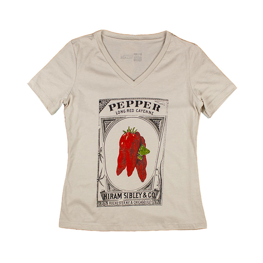 The Pepper T-Shirt is a beige V-neck with a vintage pepper design—red cayenne peppers, green leaves, and "Pepper Long Red Cayenne" and "Hiram Sibley & Co" text—a perfect nod to Greenfield Village charm.