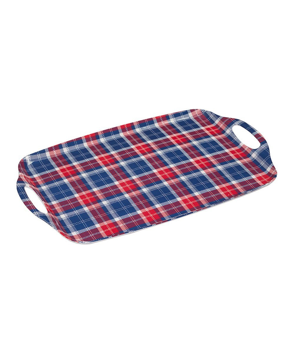The Patriotic Plaid Rectangular Serving Tray features rounded corners, side handles, and a red, blue, and white plaid pattern—ideal Fourth of July serveware for your next celebration.