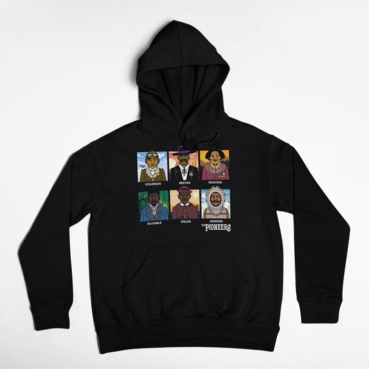 ‘The Pioneers’ AR Enhanced Hooded Unisex Sweatshirt features illustrated portraits of six Black pioneers and the text “Honoring the Forgotten Pioneers.” This interactive historical apparel piece brings stories to life.