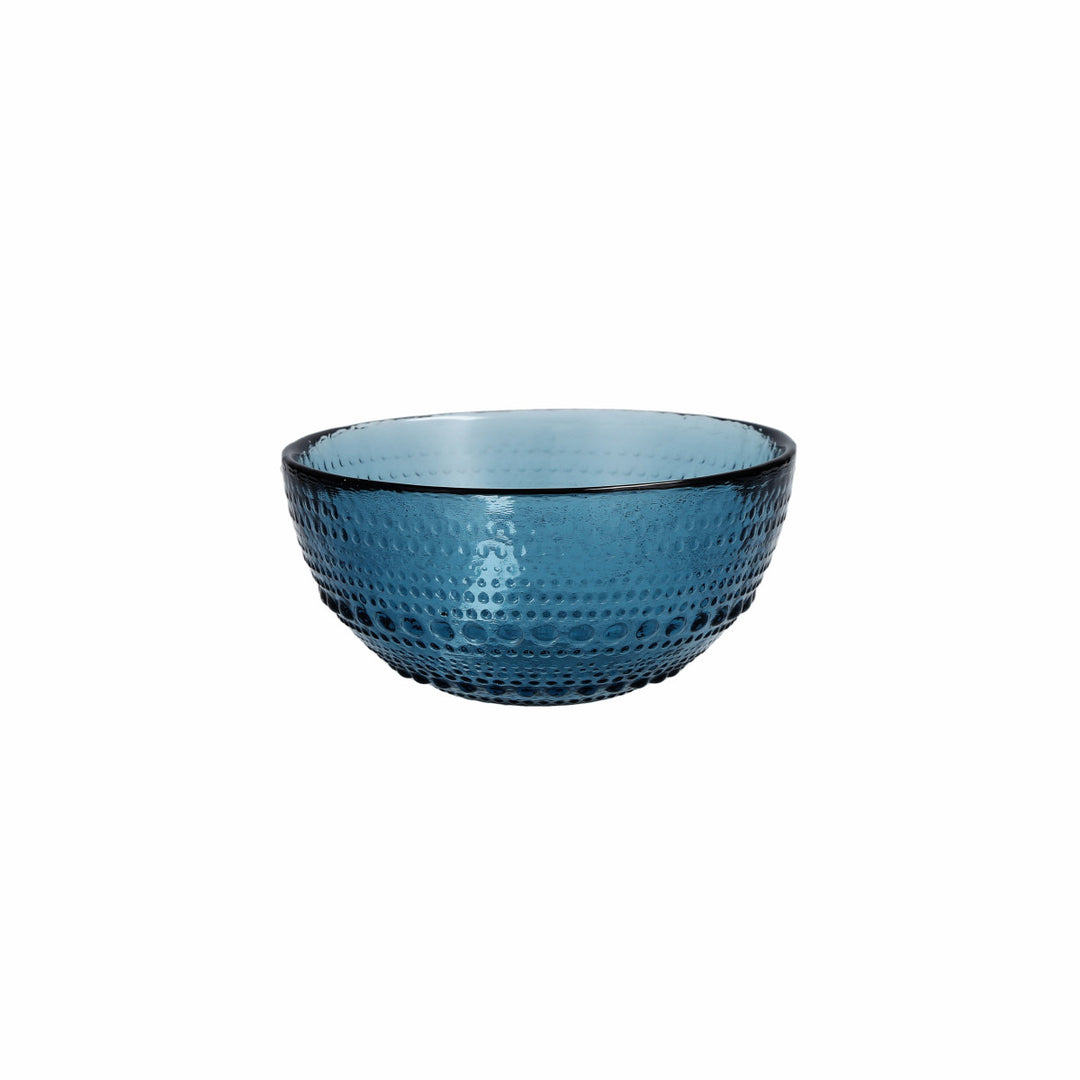 The Jupiter Cereal Bowl - Cornflower features a round shape and textured, dimpled blue glass reminiscent of beaded glassware, displayed on a plain white background.