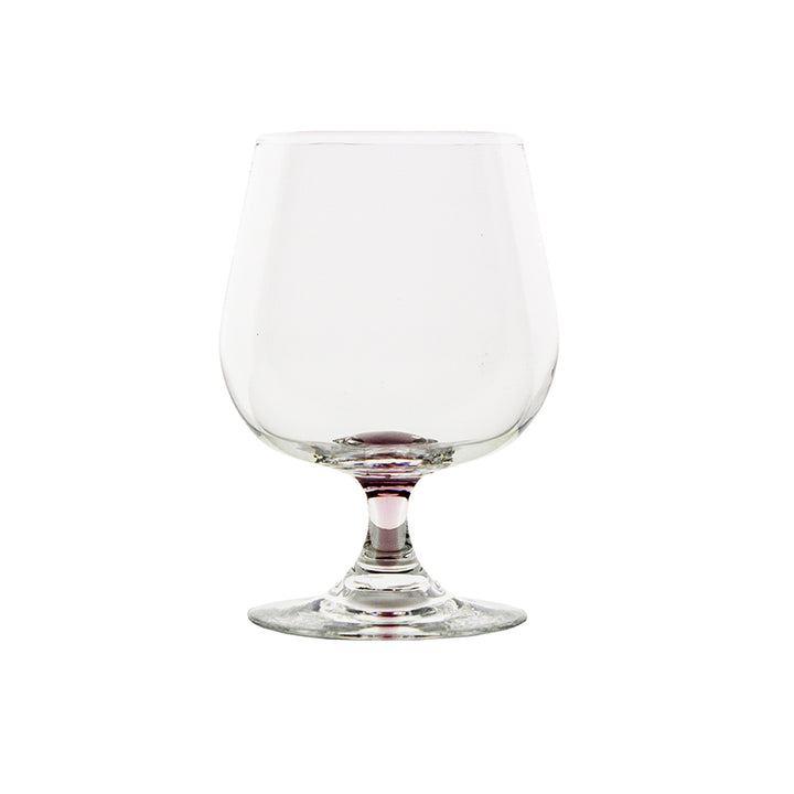 A clear Mixology Short-Stemmed Red Wine Glass with a wide bowl and short stem, inspired by Greenfield Village glass style, is shown empty against a plain white background.