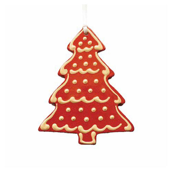 The Redware Christmas Tree Ornament, handcrafted in a tree shape and decorated with red icing and yellow dots and lines, hangs by a white ribbon against a white background.