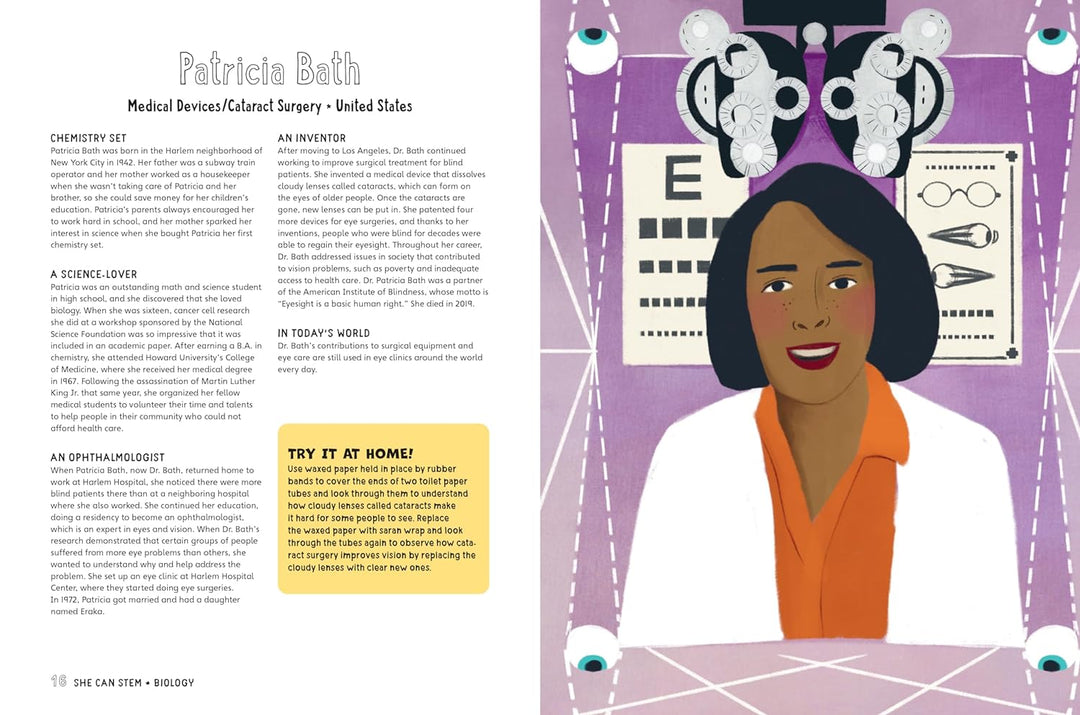 An illustrated portrait of Patricia Bath, a smiling Black woman in a white coat, is centered amid lab-themed art. Text celebrates her scientific achievements and inspires women in STEM. Product: She Can STEM.