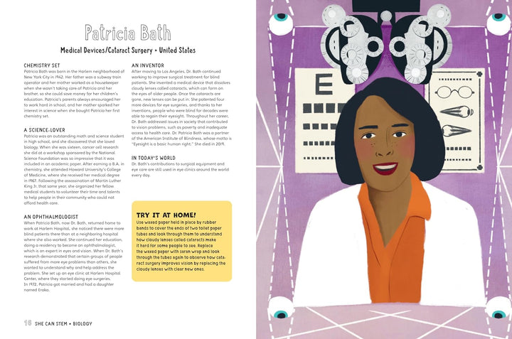 An illustrated portrait of Patricia Bath, a smiling Black woman in a white coat, is centered amid lab-themed art. Text celebrates her scientific achievements and inspires women in STEM. Product: She Can STEM.