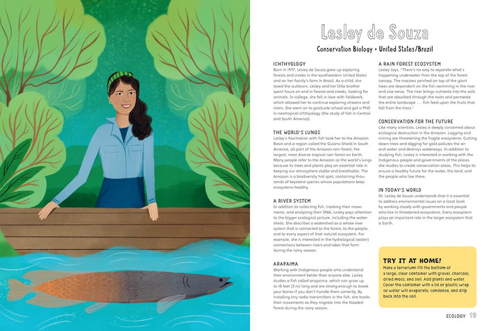 Illustration of scientist Lesley de Souza in a boat, observing a large fish amid South American greenery. The "She Can STEM" text highlights her conservation biology work and celebrates women in science through inspiring biographies.