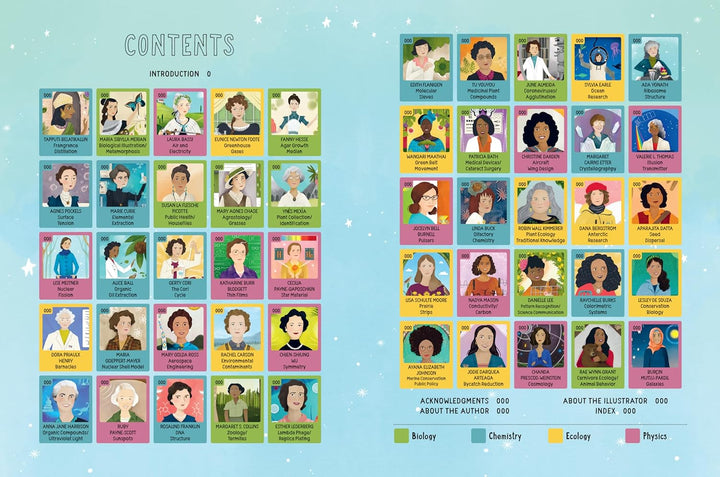 The She Can STEM book features two pages of illustrated portraits of women in science, each labeled with their name and field—biology, chemistry, ecology, or physics—arranged in a colorful grid on a starry blue background.