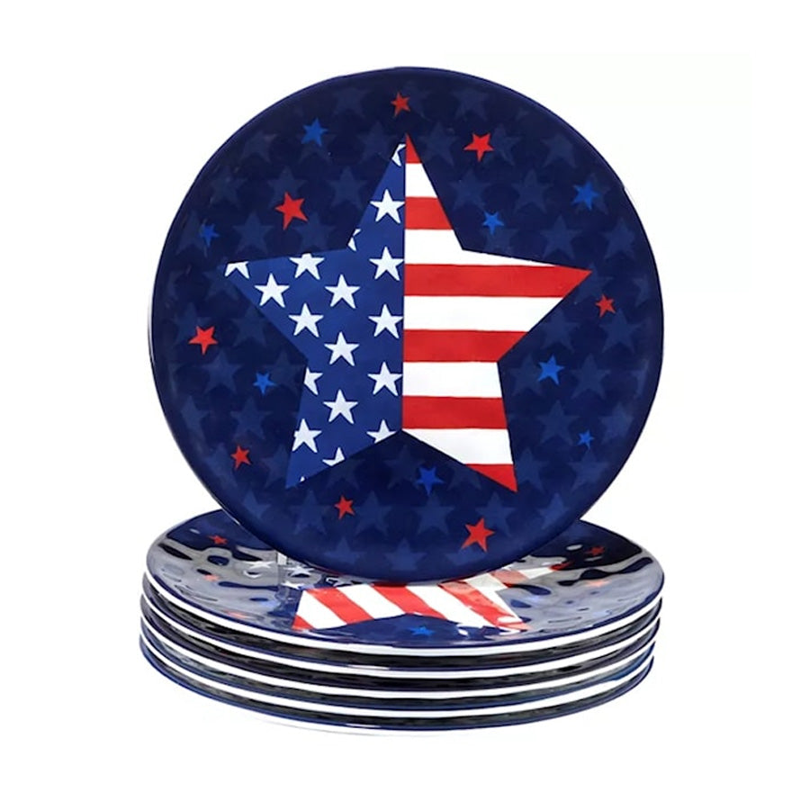 The Stars and Stripes 9in. Salad Plate features a large white star with an American flag design on a dark blue background with red and blue stars—perfect patriotic dinnerware for any Stars & Stripes themed gathering.