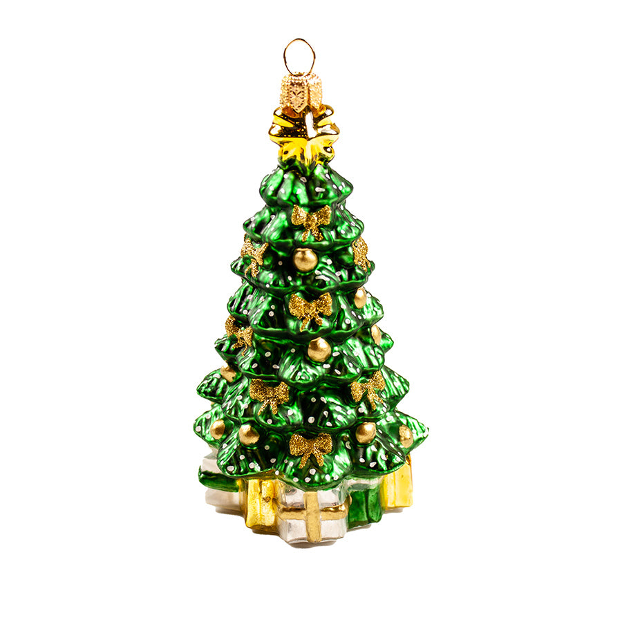 The THF Christmas Tree Ornament is a shiny green decoration made in Poland, adorned with gold bows and balls, and features gold and silver presents at the base, shown isolated on a white background.
