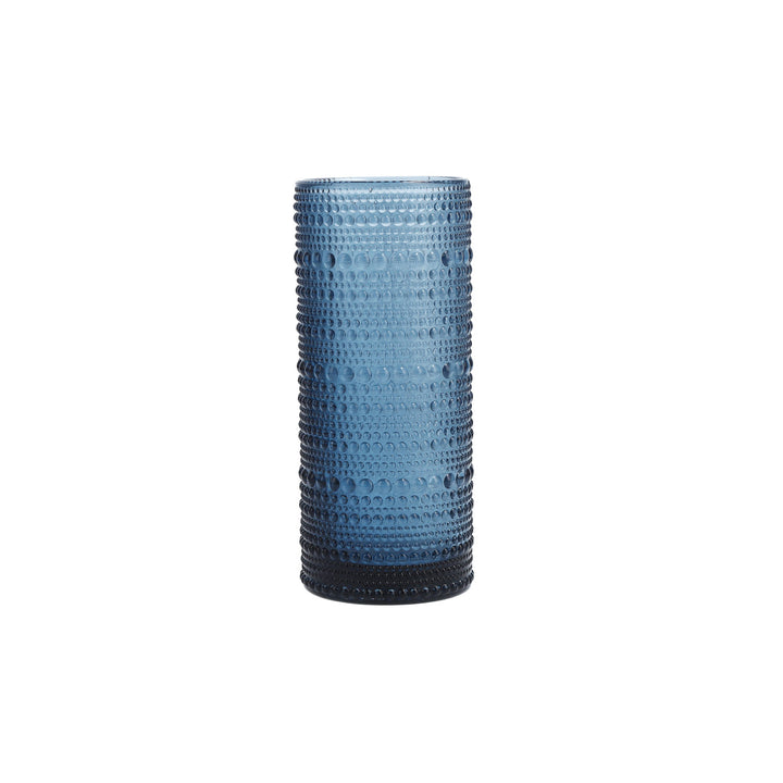 The Jupiter Collins Highball 10.8oz Glass in Cornflower features a tall, cylindrical blue design with a beaded, textured pattern, displayed against a plain white background.
