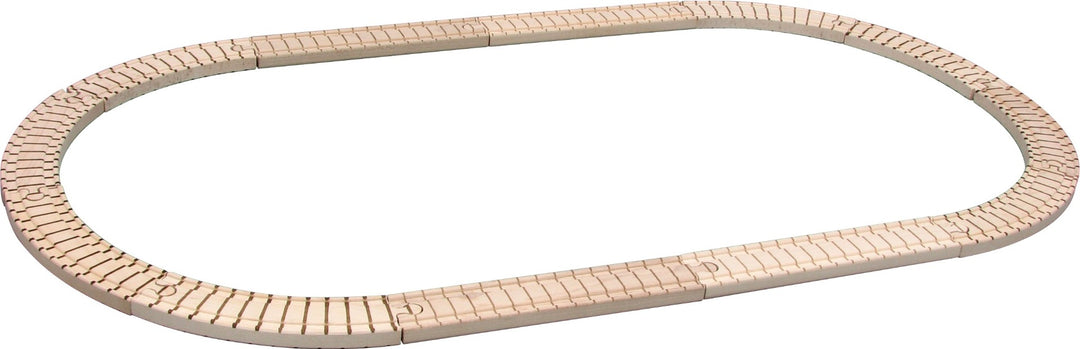 The NameTrains Oval Train Tracks 12pc Set features hard maple interlocking pieces forming an elongated oval track, neatly assembled on a white background.