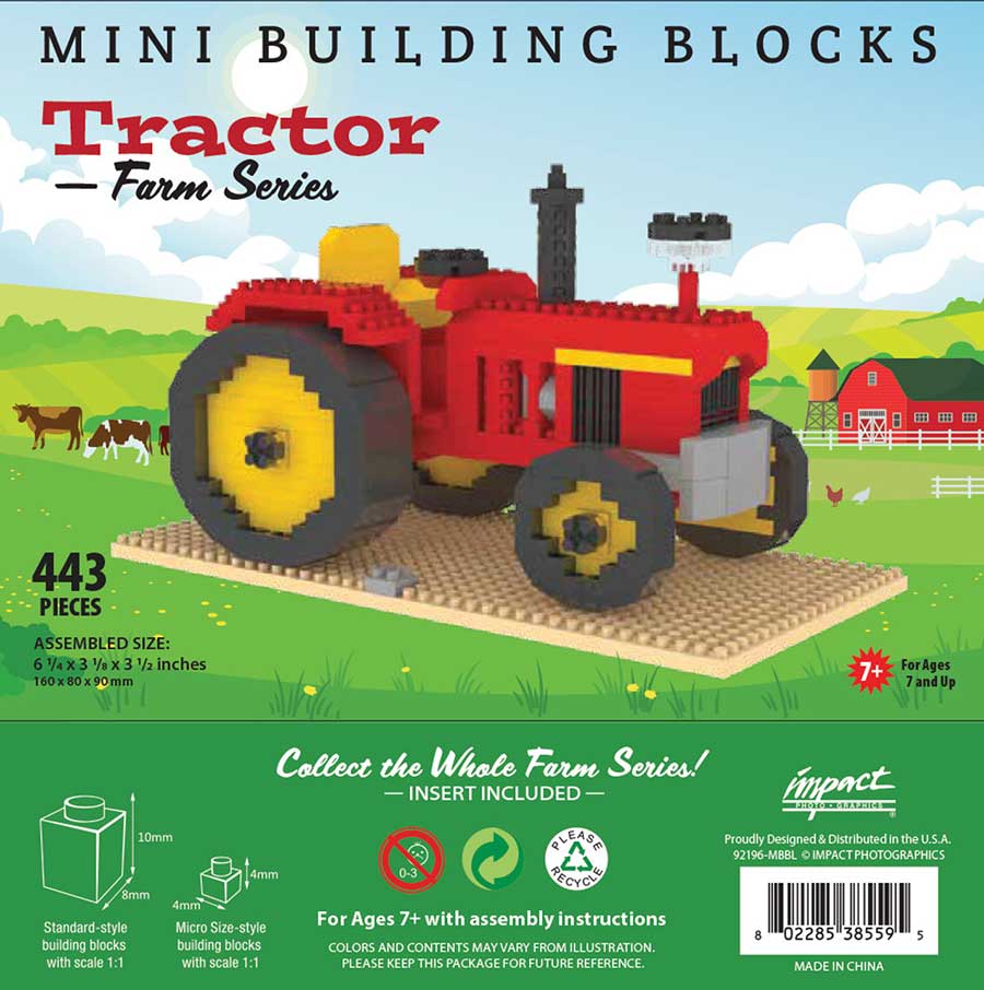 The Mini Building Block - Tractor set features a pixelated red and yellow tractor on a farm scene box, includes 443 pieces for ages 7+, and offers assembly instructions and illustrations at the bottom.
