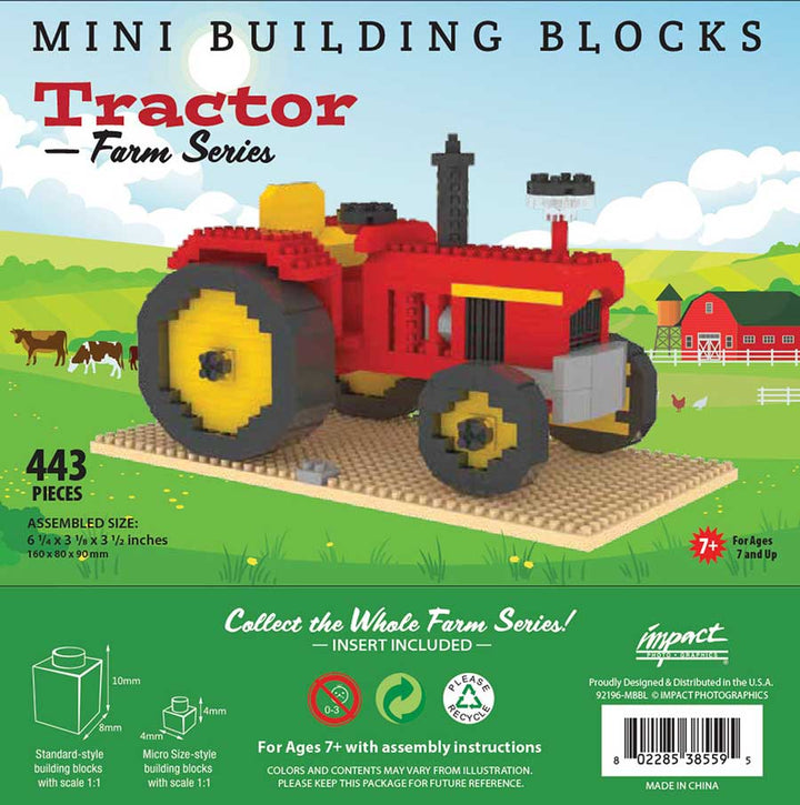 The Mini Building Block - Tractor set features a pixelated red and yellow tractor on a farm scene box, includes 443 pieces for ages 7+, and offers assembly instructions and illustrations at the bottom.