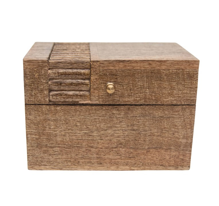 The Carved Wood Recipe Box features a textured pattern on the left side of its lid and a small round brass knob on the front, displayed against a white background.