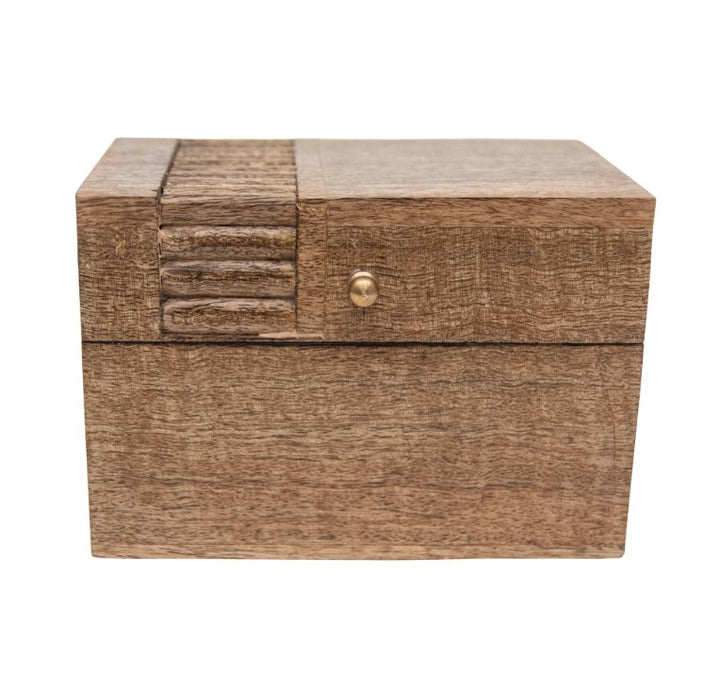 The Carved Wood Recipe Box features a textured pattern on the left side of its lid and a small round brass knob on the front, displayed against a white background.