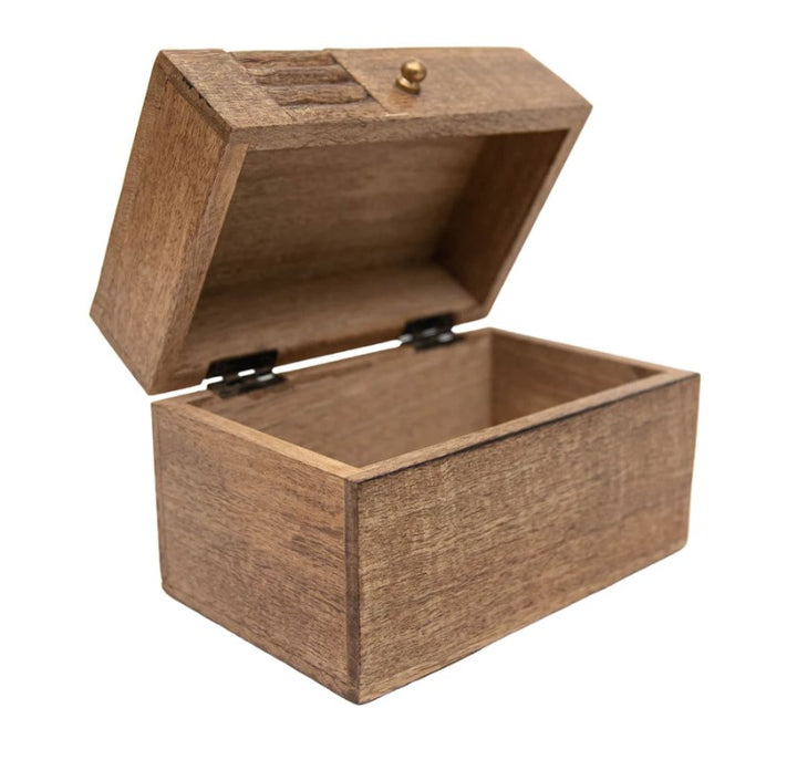 A small, rectangular Carved Wood Recipe Box with a hinged lid partially open to show an empty interior. The box features a simple design and a brass knob on the lid.