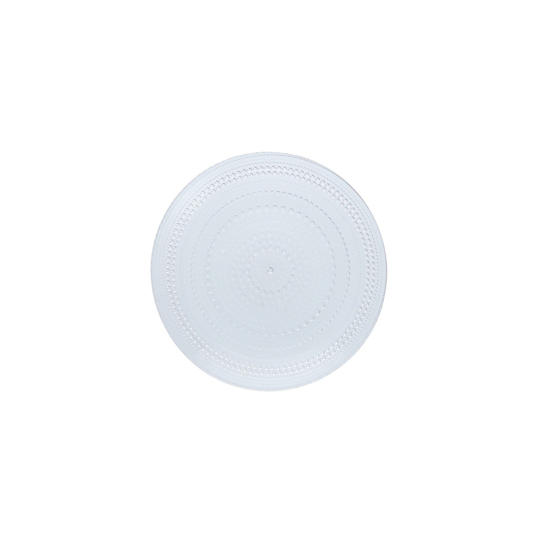 The Jupiter 8" Salad Plate - Clear features a round design with textured, dotted glass radiating from the center, shown from above on a white background—an elegant piece from the Jupiter drinkware collection.